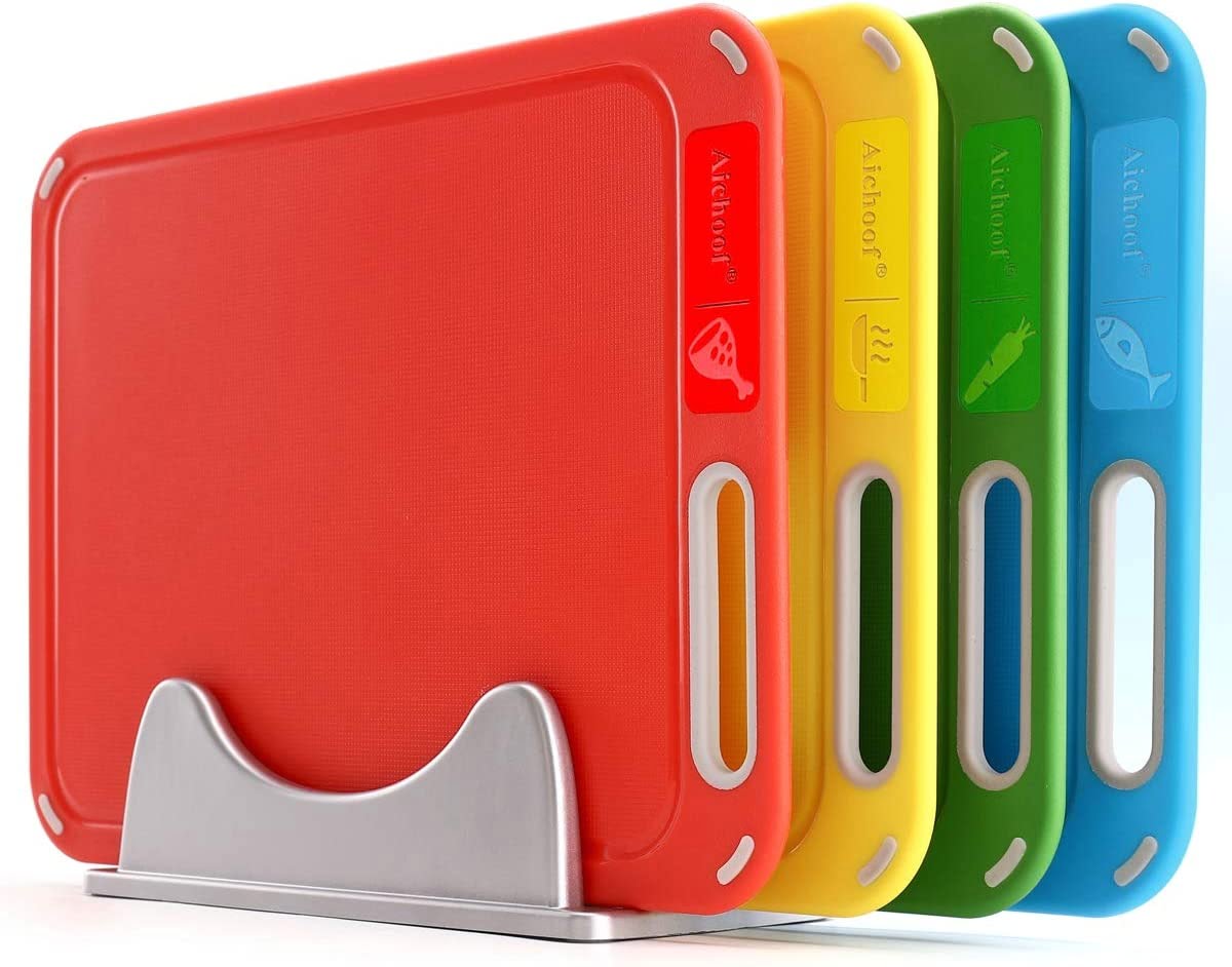 Set of 4 Plastic Cutting Board With Storage Stand - Preventing Cross-contamination, BPA- Free, Color Box Packed