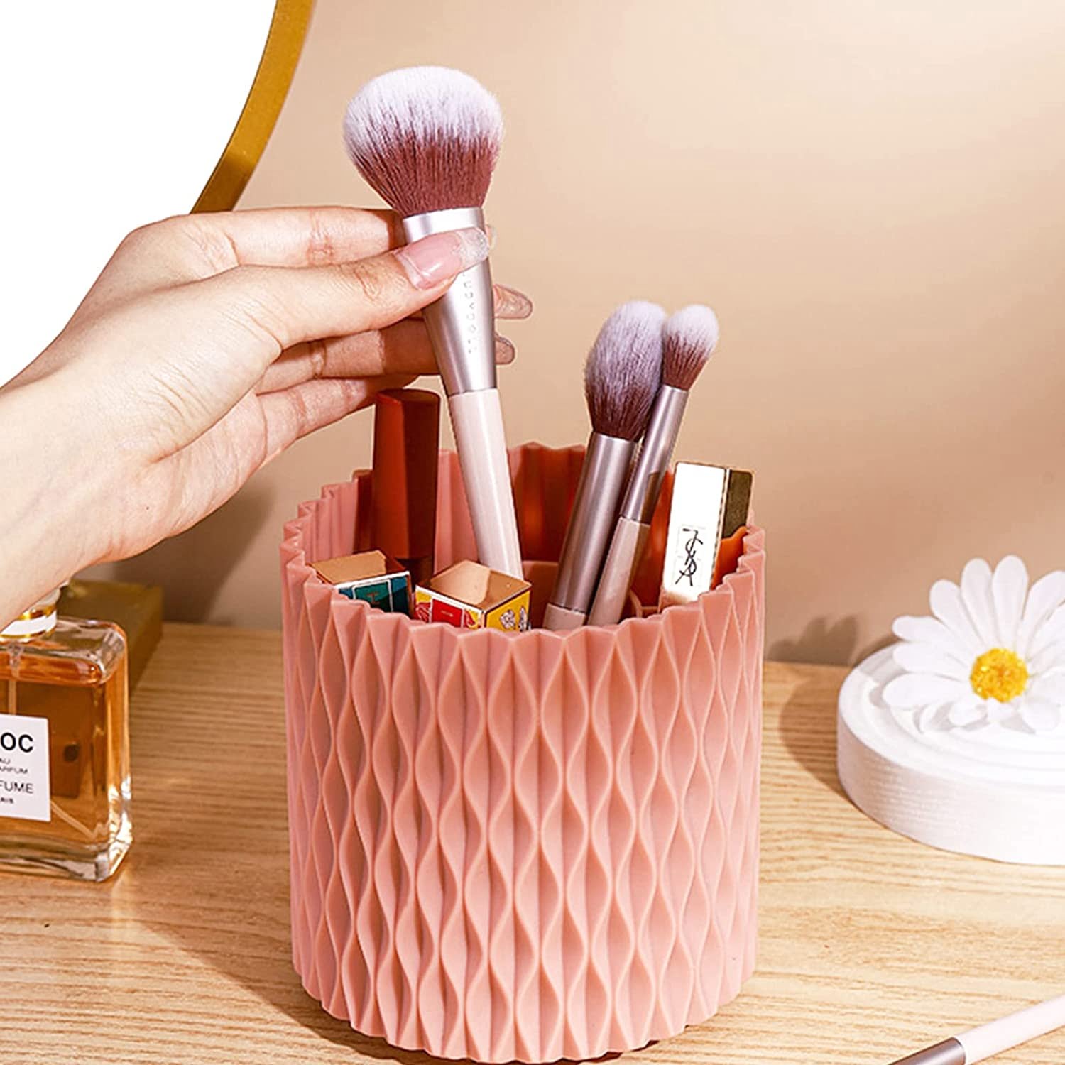 5 Compartments Makeup Brush Holder Organizer - Multifunctional 360 Degree Rotating Pen Pencil Holder for Desk alternate
