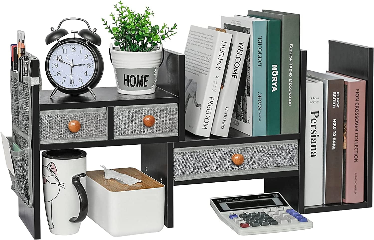 Expandable Desktop Bookshelf with Drawers (Black)