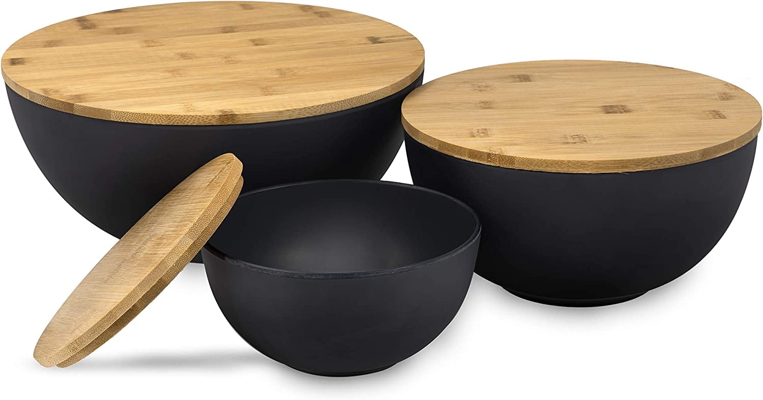 Set Of 3 Large Salad Bowl With Lid - Bamboo Fibre like Melamine Mixing Bowl, Wooden Lids alternate
