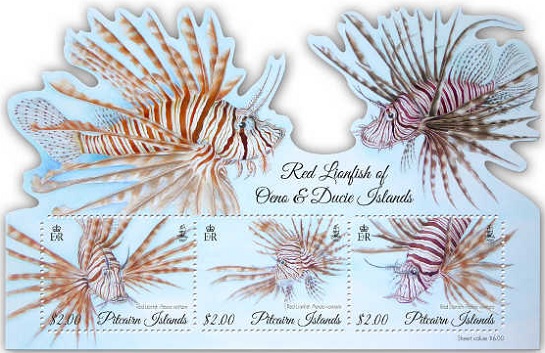 Pitcairn Island Issued Stamps on The Red Lionfish Coral Reef Fish