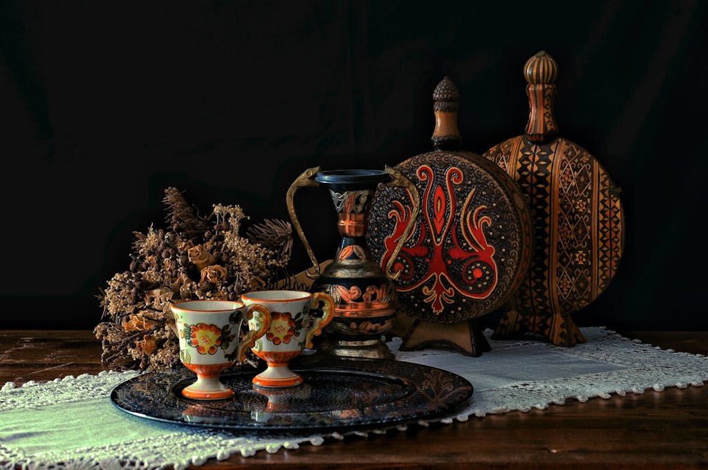 Two White Teacups on Black Tray